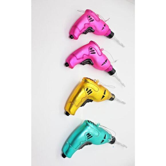 Rare Power Drill Ornaments Tools Set Of 4 Blown Glass Pink Yellow Teal Christmas - Picture 2 of 2